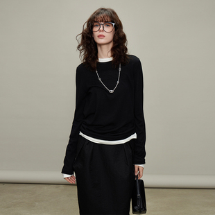 3ONE黑白拼接天丝羊毛打底上衣 撞色长袖圆领宽松慵懒随性针织衫