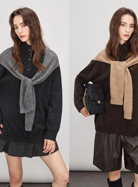 3ONE拼接撞色假两件100%绵羊毛毛衣 小众设计师披肩羊毛开衫外套