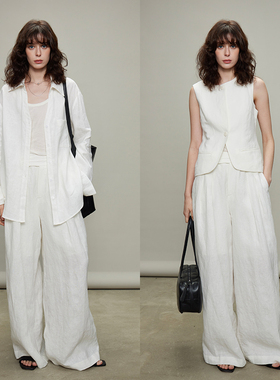 3ONE白色麻料套装慵懒自在老钱100亚麻防晒长袖衬衫/休闲裤套装女