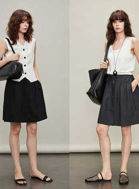 3ONE夏季薄款Row风简约精纺羊毛A字花苞半身裙 百搭miu系显瘦短裙