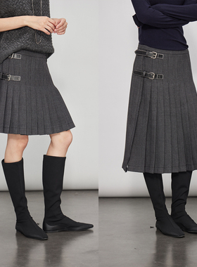 3ONE秋冬新款高腰A字miu系百褶裙 羊毛格纹皮饰扣袢百褶长/短半裙