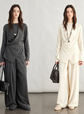 3ONE复古交叉设计感100羊毛内搭针织上衣/显瘦阔腿针织裤/套装