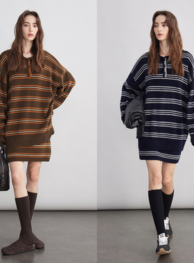 3ONE miu系学院风百搭宽松翻领条纹针织毛衣外套套装显瘦针织半裙