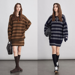 3ONE 显瘦针织半裙 miu系学院风百搭宽松翻领条纹针织毛衣外套套装