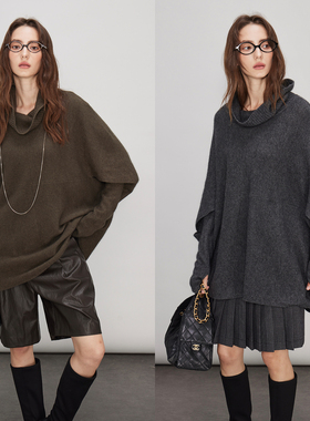 3ONE 浣熊羊毛暖糯不对称蝙蝠袖宽松堆堆领慵懒廓形针织上衣女