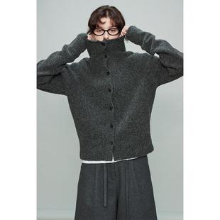 3ONE羊毛混纺缩绒立领可翻微宽松复古杂色针织毛衣开衫女