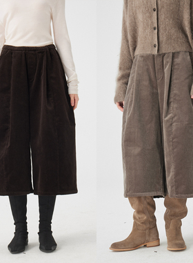 3ONE复古极简风高腰宽松茧型灯芯绒阔腿裤女宽松休闲显瘦八分裤