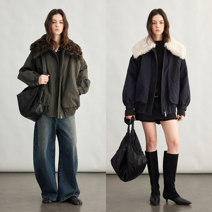 3ONE一手长百搭工装 牛仔双色托卡毛领90白鹅绒羽绒派克皮草外套女