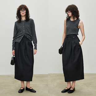 半身裙倪妮同款 西装 Row风精纺羊毛精裁打褶花苞高腰及踝长款 3ONE