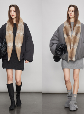 3ONE 宽松慵懒加厚白鹅绒可拆卸郊狼毛皮草领羽绒服外套秋冬