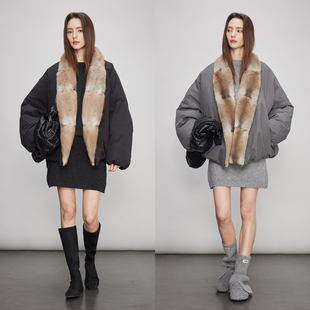 3ONE 宽松慵懒加厚白鹅绒可拆卸青根貂皮草领羽绒服外套秋冬