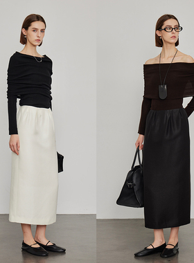 3ONE真丝羊毛珠光感气质ROW风百搭显瘦直筒开衩中长款半身裙女