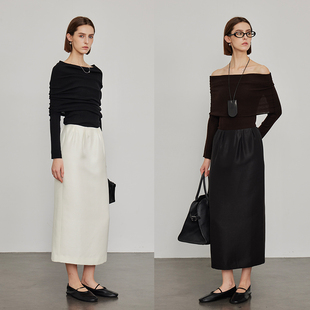 3ONE真丝羊毛珠光感气质ROW风百搭显瘦直筒开衩中长款 半身裙女