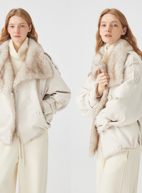 3ONE巴恩风大毛领仿貂毛羽绒服女短款外套保暖90白鸭绒翻领夹克