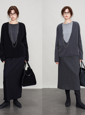 3ONE 100美丽诺羊毛 简约知识风u领撞色假两件宽松慵懒针织衫毛衣