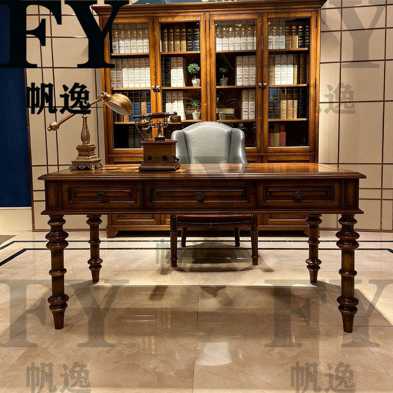 美式欧式复古实木雕花长方书桌
