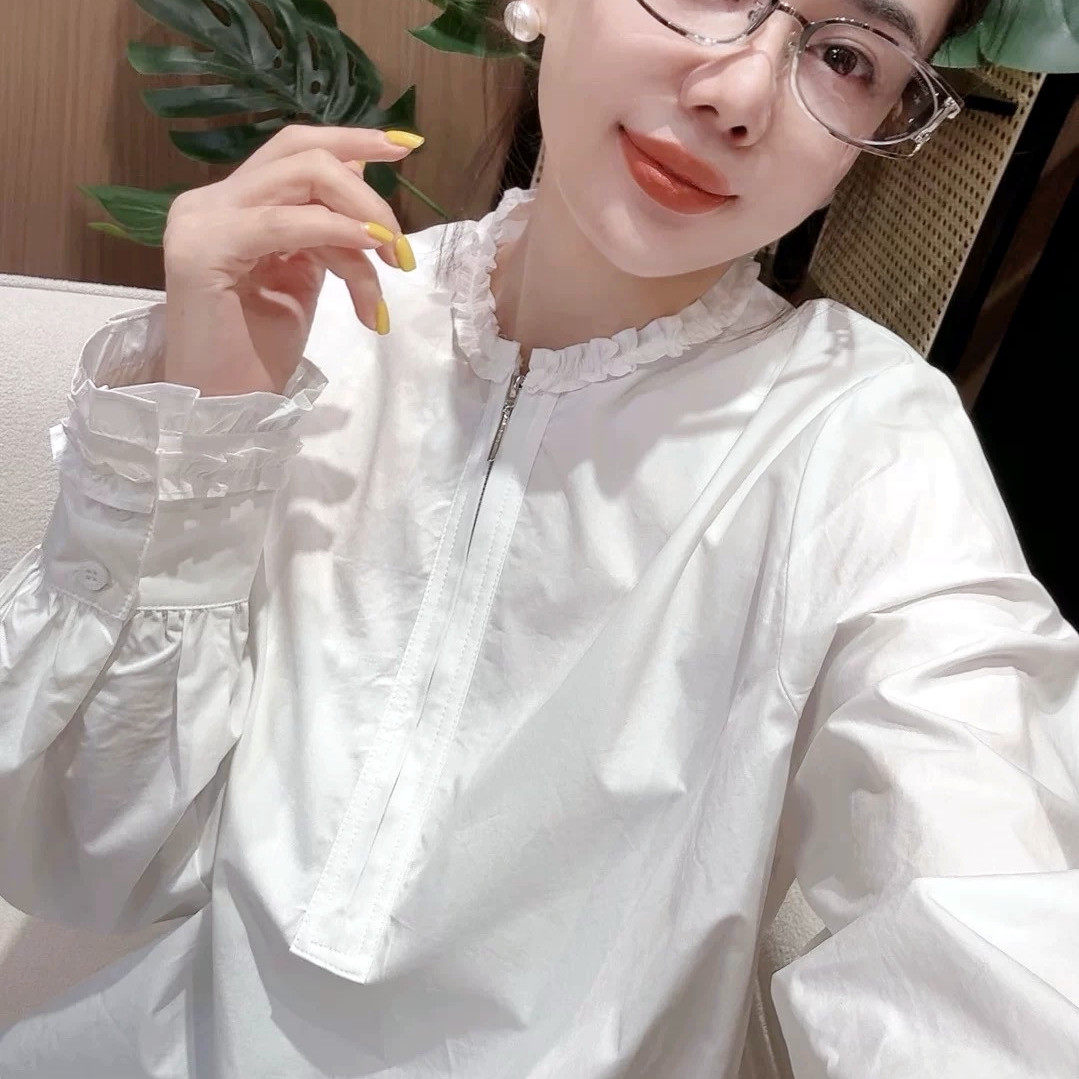 欧货十三行气质白色花边半拉链宽松长袖衬衫女时尚百搭韩版显瘦潮