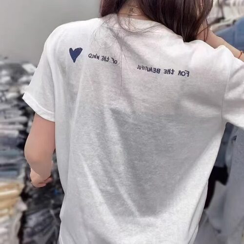 条纹刺绣桃心宽松半袖T恤小衫