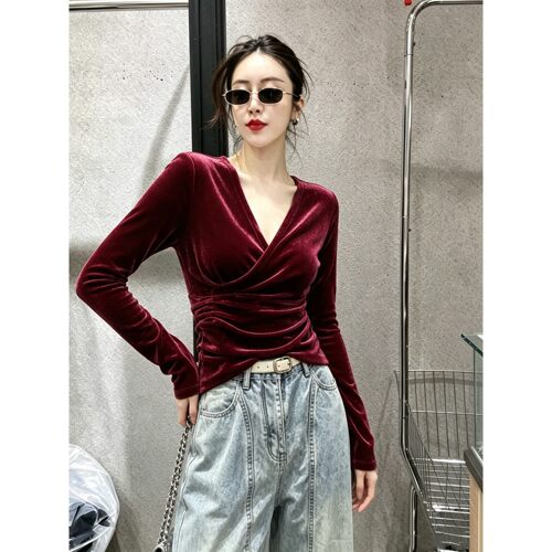 欧货秋季新款性感纯色丝绒交叉V领弹力修身长袖T恤小衫打底衫显瘦