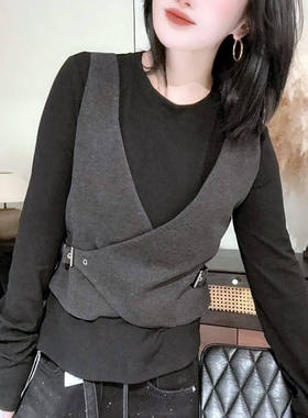 欧货洋气女装灰色毛呢马甲拼接圆领长袖T恤小衫假两件上衣大码潮