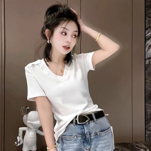 欧货春季V领短袖T恤女修身显瘦打底衫上衣小衫时尚上衣正肩显瘦