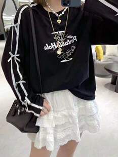 新款 欧货黑白薄款袖子蝴蝶结宽松版长袖T恤上衣小衫防晒百搭显瘦