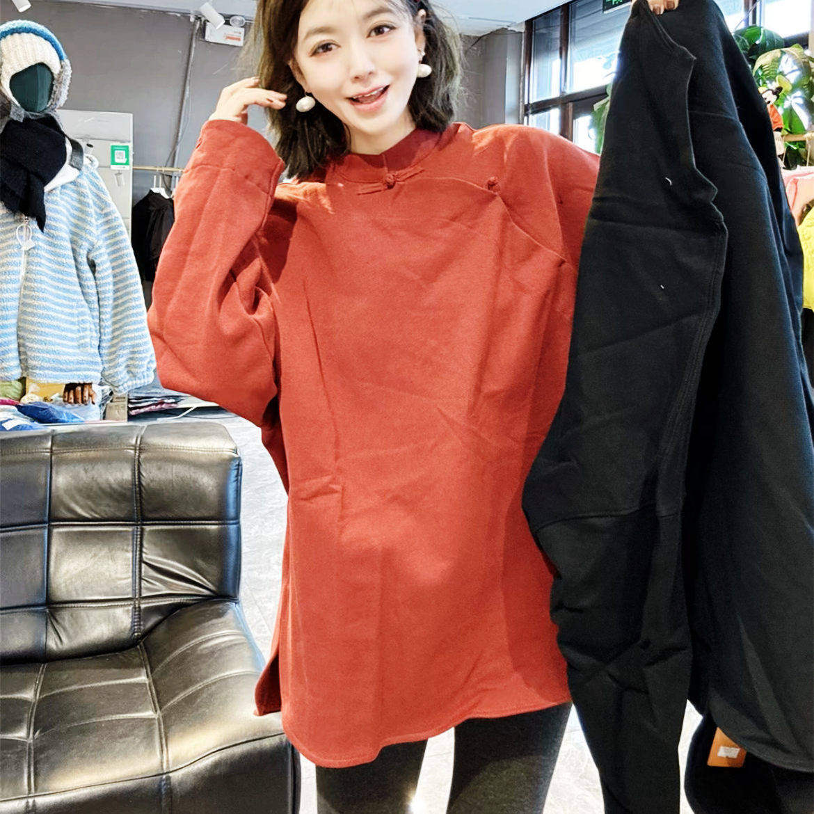 欧货新中式立领盘扣宽松中长款长袖T恤过臀上衣时尚百搭显瘦大码,女装/女士精品,T恤,淘宝优惠券,粉丝福利购,淘宝优惠卷