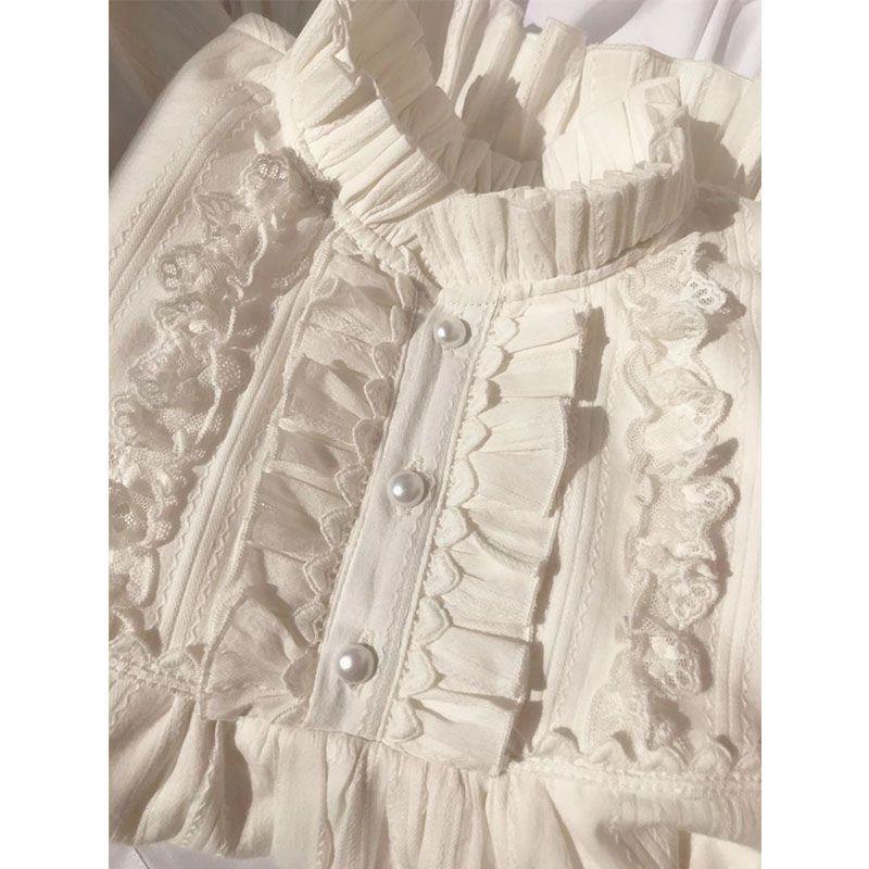 秋冬季加绒新款少女荷叶边花边lolita长袖提花衬衫洛丽塔日系风格