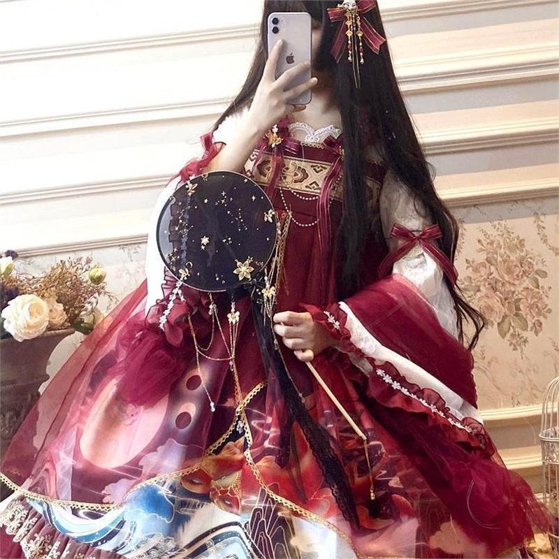 Lolita新年汉元素中华风蛟龙戏珠大唐襦裙网纱op连衣裙