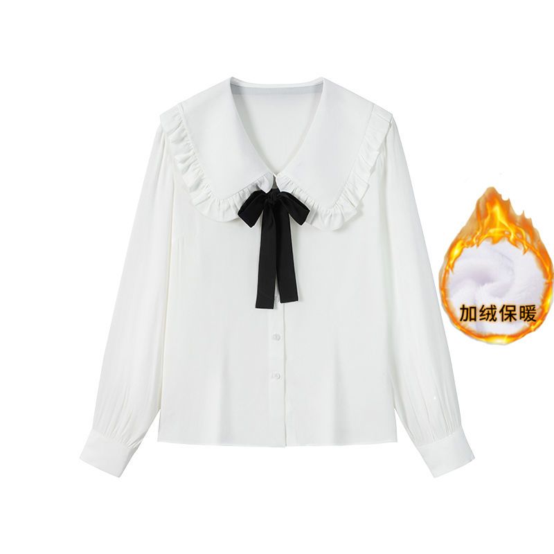 胖MM大码 风铃童话~蝴蝶结白色上衣设计感小众秋冬百搭长袖衬衫女