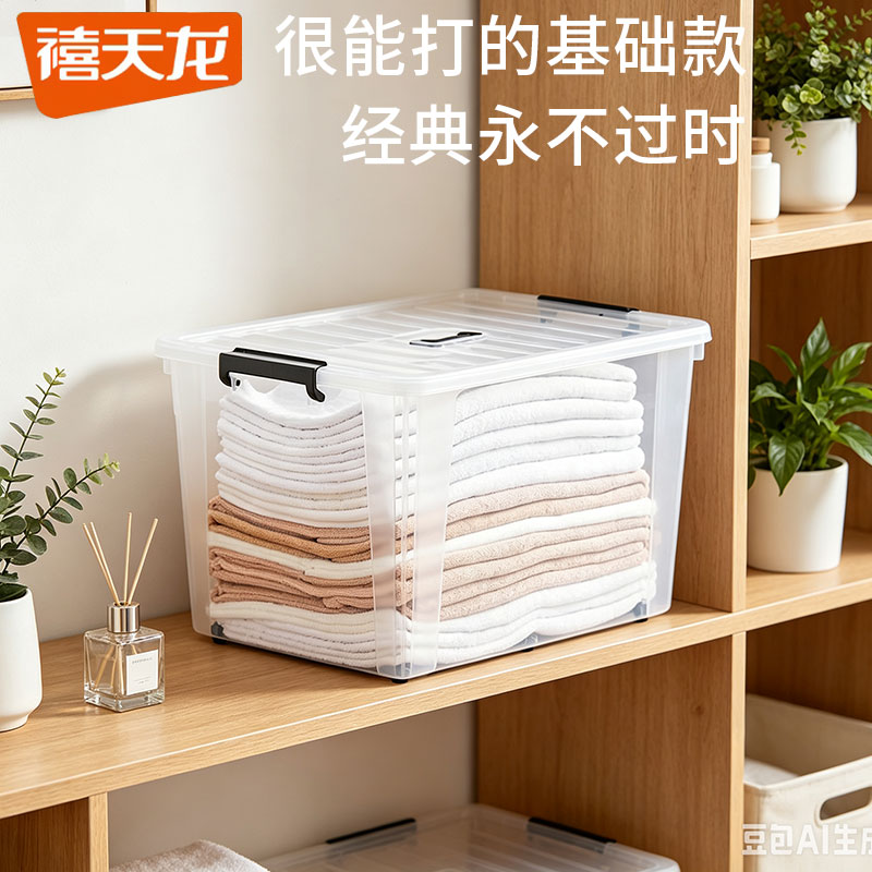 禧天龙透明收纳箱带轮65L大容量