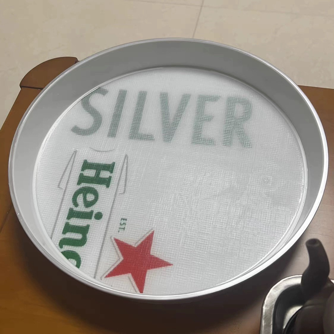 喜力啤酒杯金属托盘不锈钢餐盘圆形茶盘足球欧冠版星银经典版铁盘