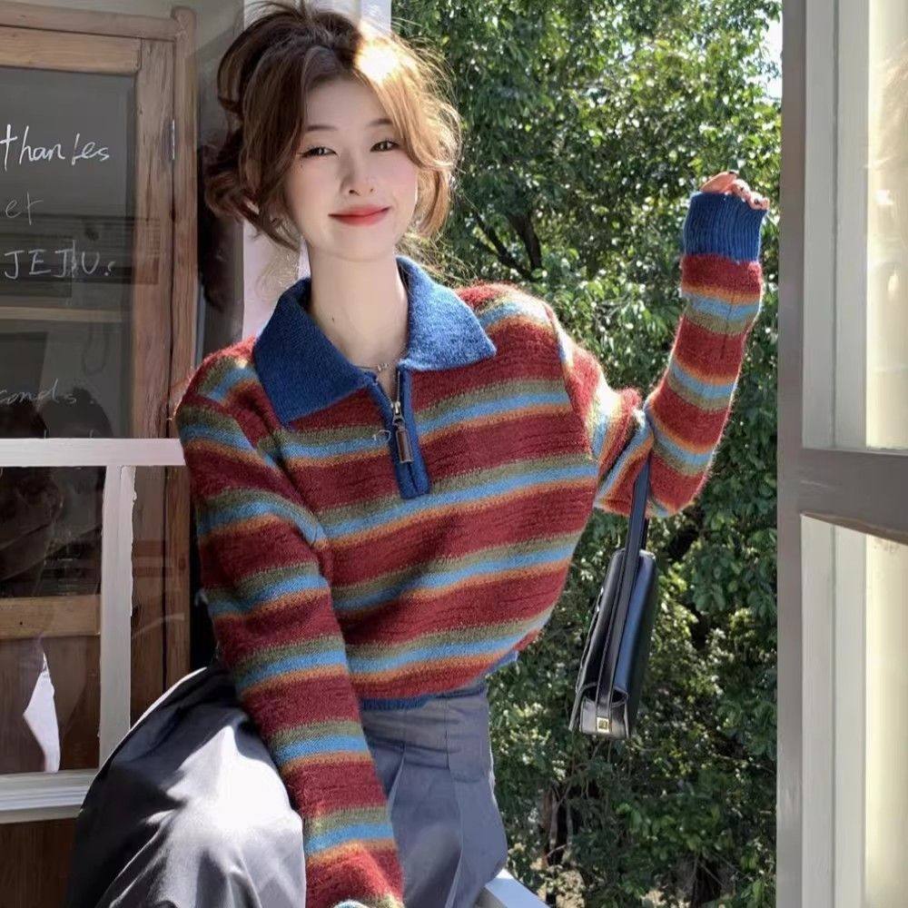 美式复古条纹polo领针织衫女秋冬慵懒风毛衣小众别致独特短款上衣,女装/女士精品,毛针织衫,淘宝优惠券,粉丝福利购,淘宝优惠卷