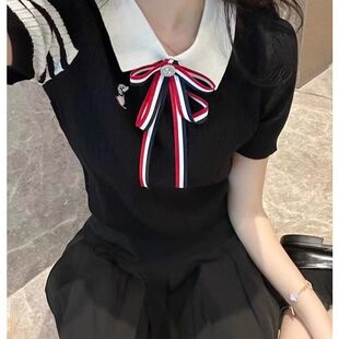 TB学院风蝴蝶结翻领针织衫女短袖修身显瘦上衣25夏季薄款减龄t恤