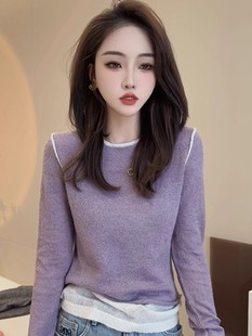 上衣 t恤内搭显瘦打底衫 假两件针织女春秋2024年新款 洋气拼色长袖