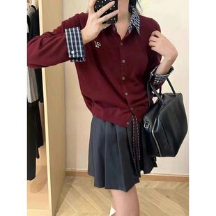 安可拉红假两件拼接格子POLO领毛衣外套早秋女款长袖针织开衫上衣