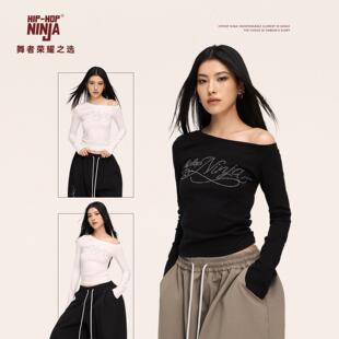 T恤女KPOP斜肩烫钻修身 显瘦上衣 NINJA街舞跳爵士舞长袖 HIPHOP