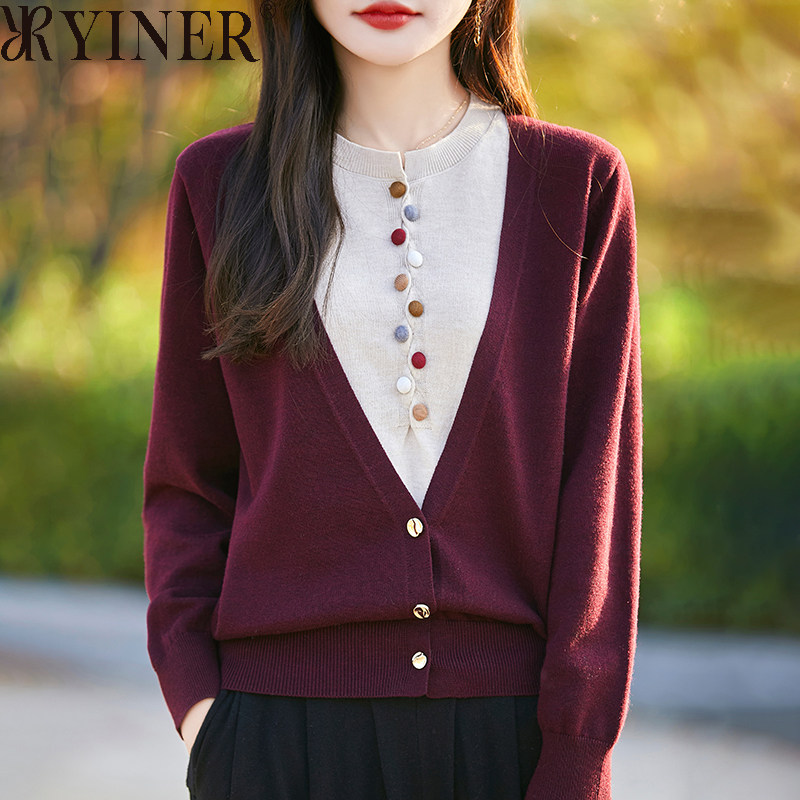 音儿美地女装清仓折扣拼色圆领羊毛针织毛衣春季款假两件洋气上衣