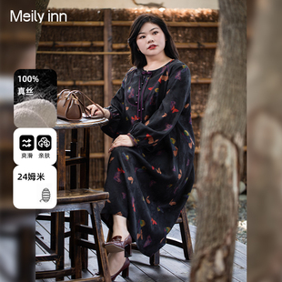 高级宽松复古连衣裙 女装 美丽客栈福蝶报福连衣裙秋新中式 真丝大码