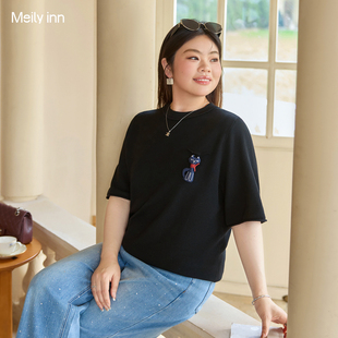 胖mm显瘦上衣 针织T恤女春夏新款 美丽客栈高端大码 绵羊毛圆领中袖