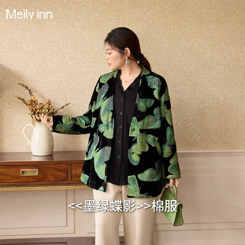 美丽客栈大码棉服女胖mm冬季显瘦不臃肿墨绿蝶影印花丝绒宽松外套,女装/女士精品,大码棉服,淘宝优惠券,粉丝福利购,淘宝优惠卷