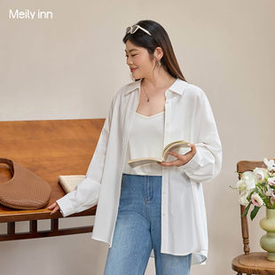 女胖mm长袖 高级简约百搭慵懒风白色衬衫 上衣 女装 美丽客栈高端大码