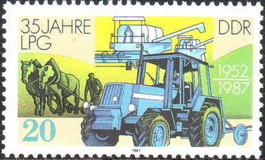 Демократическая Германия Восточная Германия 1987 г. Штамп сельскохозяйственный кооператив 35 -й годовщины трактор