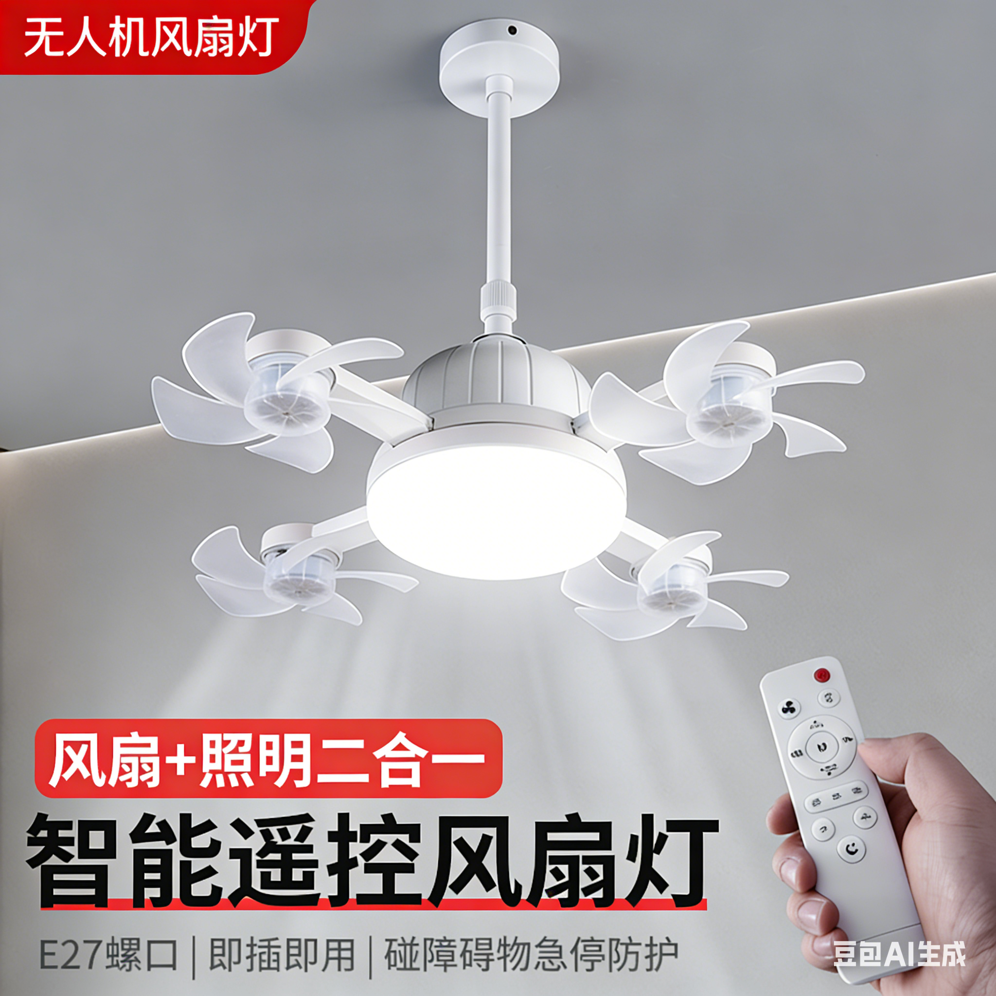 无人机风扇灯2026新款E27螺口卧室吊扇灯客厅餐厅吸顶一体风扇灯