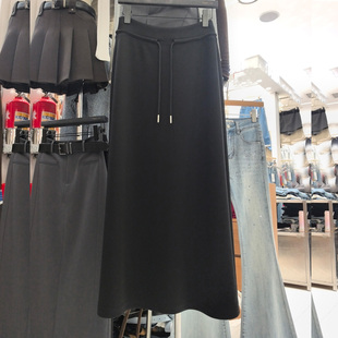 YIMOXI高腰长裙女弹力针织裙抽绳灰色垂感显瘦拖地裙百搭半身裙