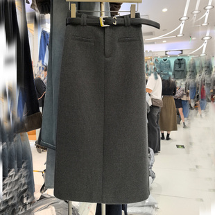 YIMOXI高腰呢料长裙女2024冬季百搭直筒显瘦开叉十三行A字半身裙