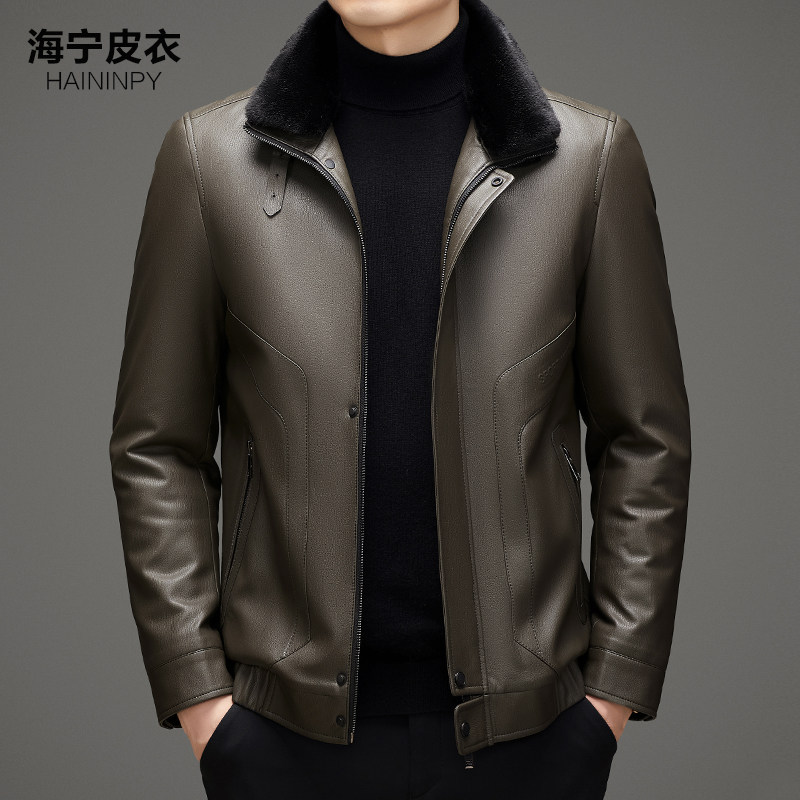真皮羽绒服水貂领皮夹克爸爸装