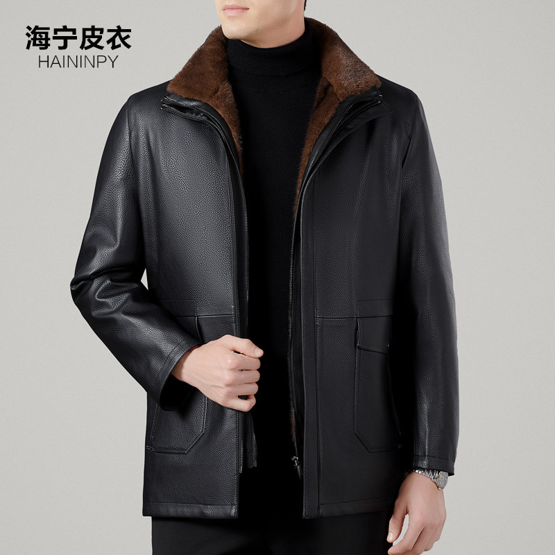 皮毛一体男士水貂内胆绵羊皮爸爸装皮夹克真皮皮衣貂皮大衣外套冬