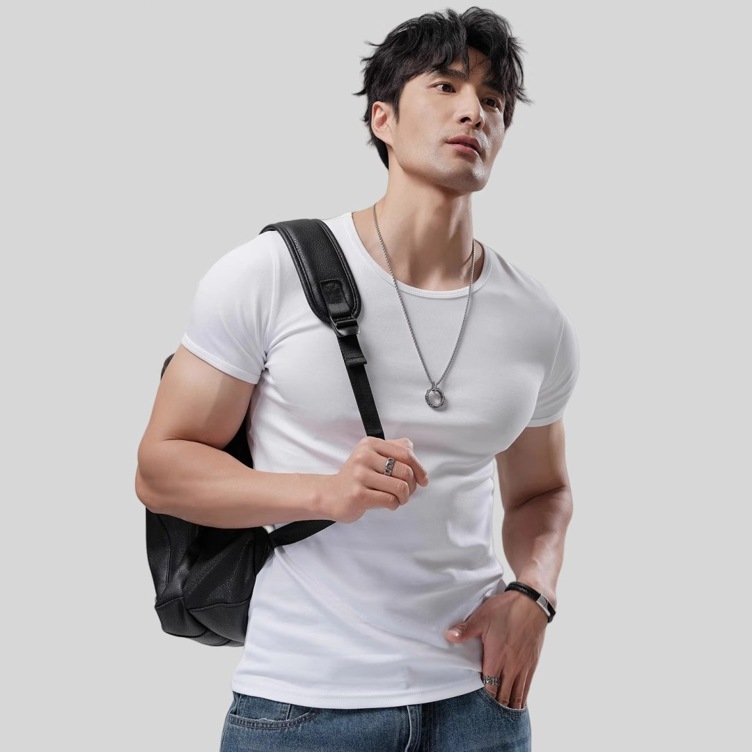 夏季紧身短袖t恤男士圆领纯色高弹力精梳纯棉健身贴身白色打底衫