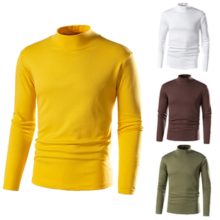 秋冬季丝光纯棉小半高领内搭修身长袖t恤男 紧身秋衣潮牌打底衫男